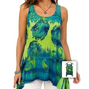 Only Nine Womens Paisley Tunic Tank Crochet Sharkbite Hem Boho Top L